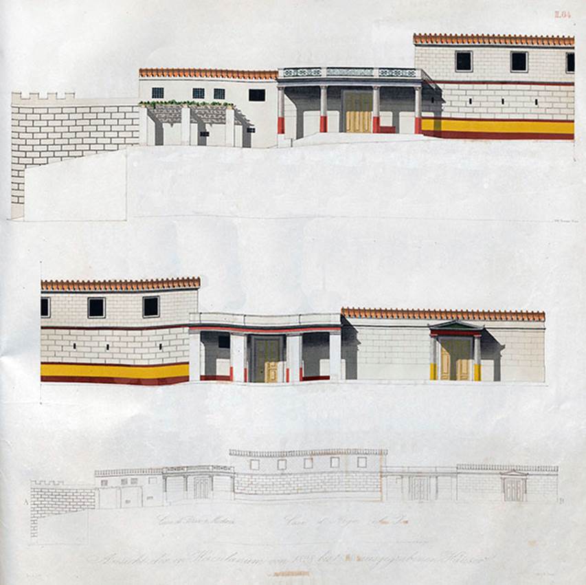 II.2 Herculaneum,1842, drawing by Zahn.
Street view of the exterior façade of the houses discovered between 1828 until 1838, (described as by the side of the sea, not far from the theatre).
II.1 is on the left in the top drawing, with terrace overlooking the sea, and doorway shaded by a roof held up by four columns;
II.2 is on the left of the middle drawing, with an upper floor overlooking the roadway and a doorway shaded by a roof supported by four pilasters;
On the right is II.3, with its doorway shaded by a roof supported by two columns.
The lowest drawing is a complete vista on the west side of Cardo III, from II.1 up until II.3.
See Zahn, W., 1842. Die schönsten Ornamente und merkwürdigsten Gemälde aus Pompeji, Herkulanum und Stabiae: II. Berlin: Reimer. (64).
“During the excavation there were still upper floors, whereas now there are only lower floors (other than some fragments of the upper) but one can see in several places the position of the beams of the planks for the upper floors, as well as the ceilings of the lower floors with their tiles. These Herculaneum wooden constructions, all charred, have been preserved, while those at Pompeii are destroyed. Wooden doors and other wooden structures have also been preserved in charcoal, so that the shapes are perfectly recognisable. The walls and columns are made of irregular stones, partly in brick and volcanic stones, partly in Opus reticulatum, stuccoed, and partly painted”.